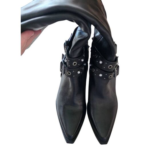 Aldo Thelidan Buckle Pointed Toe Knee High Boots Size 8.5 in Black Block Heel - Picture 4 of 6